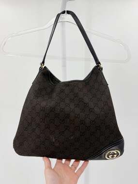 Gucci GG Monogram Canvas Black Leather Shoulder Hobo Bag Purse Vintage